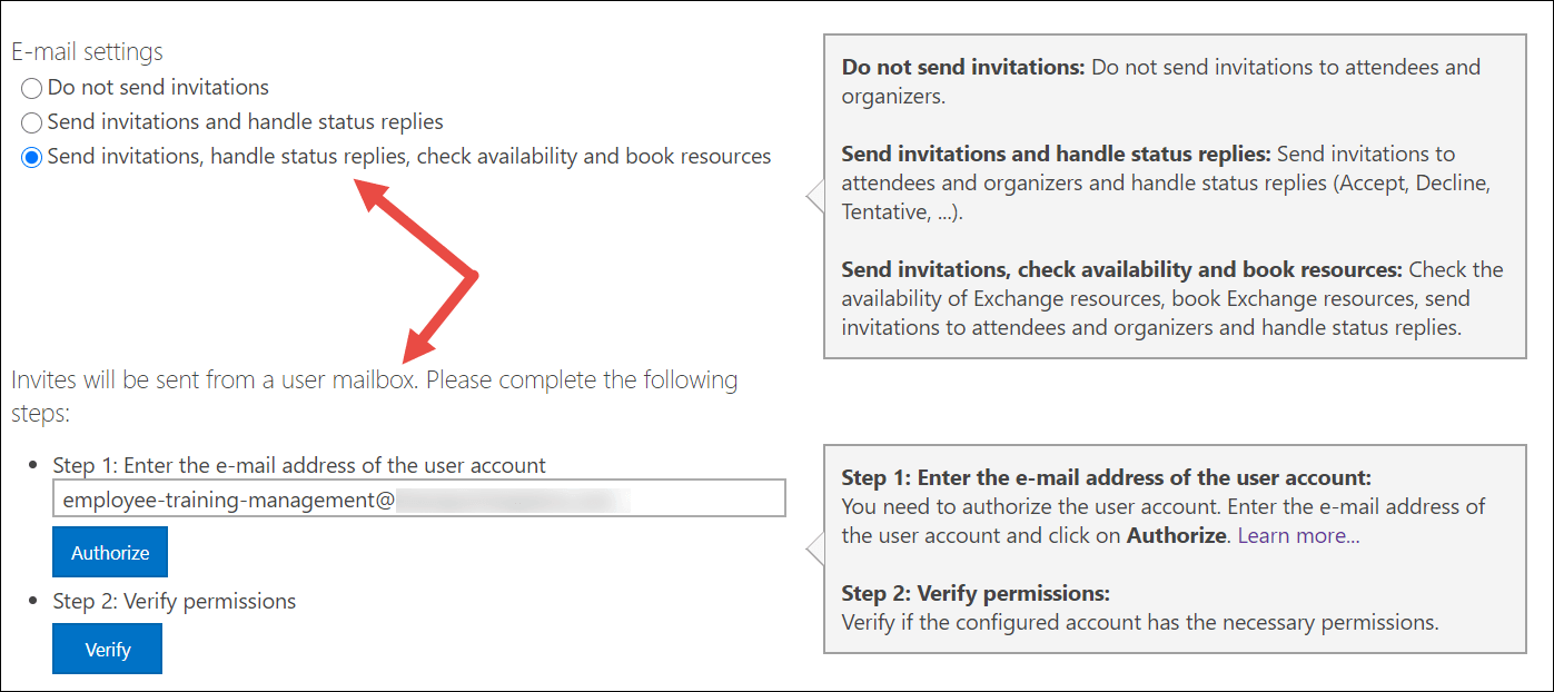 Configure E-Mail settings: Send invitations, handle status replies, check availability and book resources