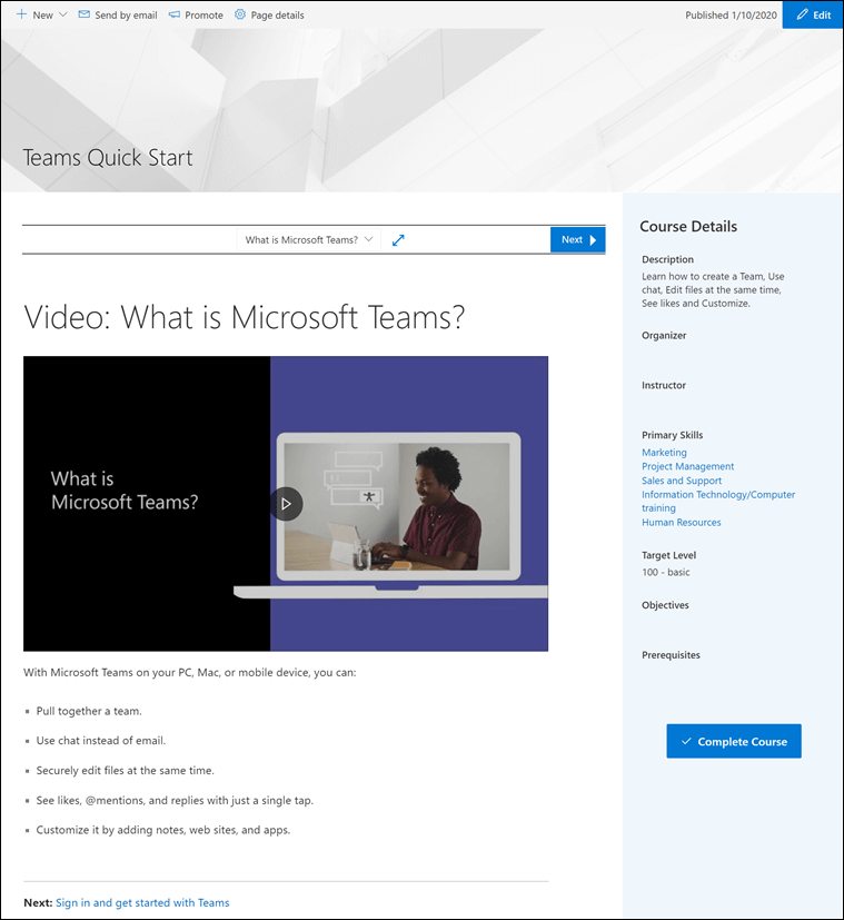 An example of a course page using Microsoft 365 learning pathways content