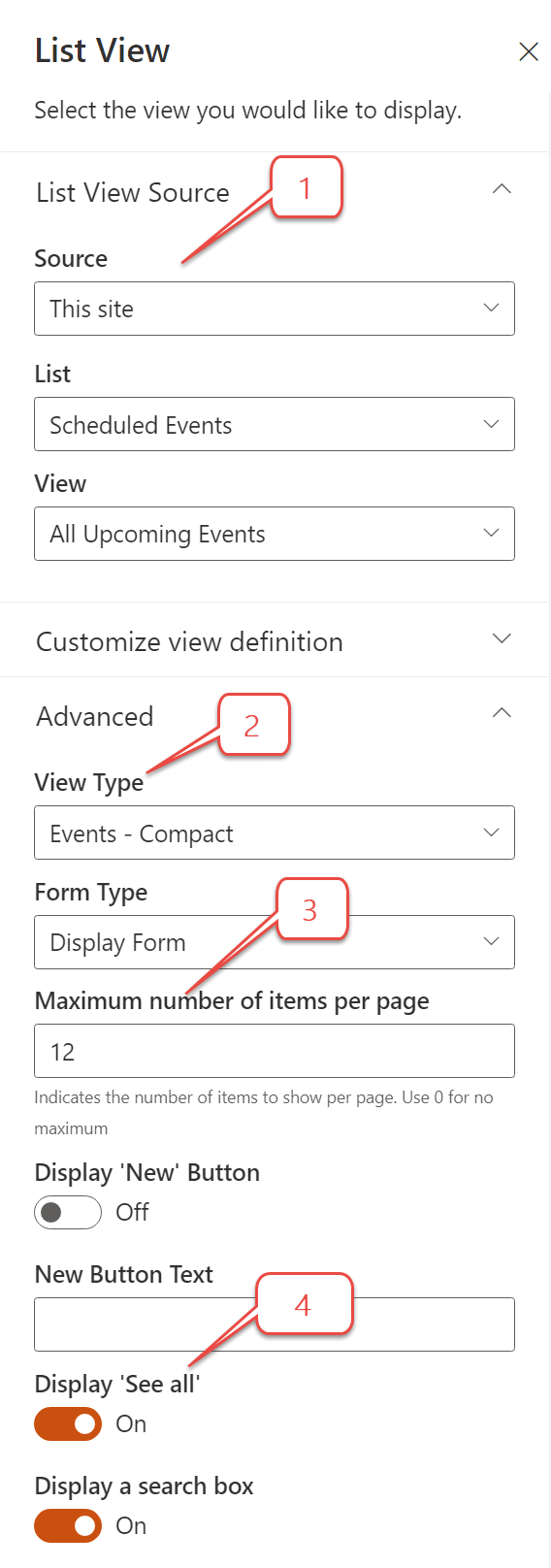 web part options