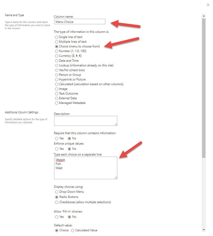Enrollment form menu example