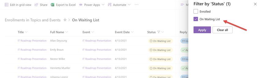 Manage Enrollments - Users on waiting list