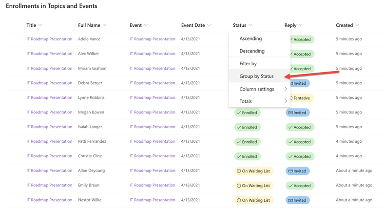 Manage Enrollments view