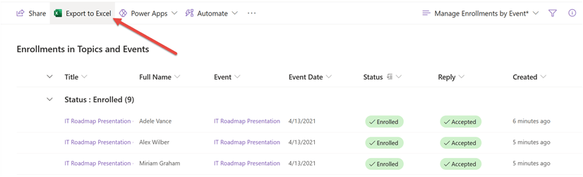 Manage Enrollments - Export to excel