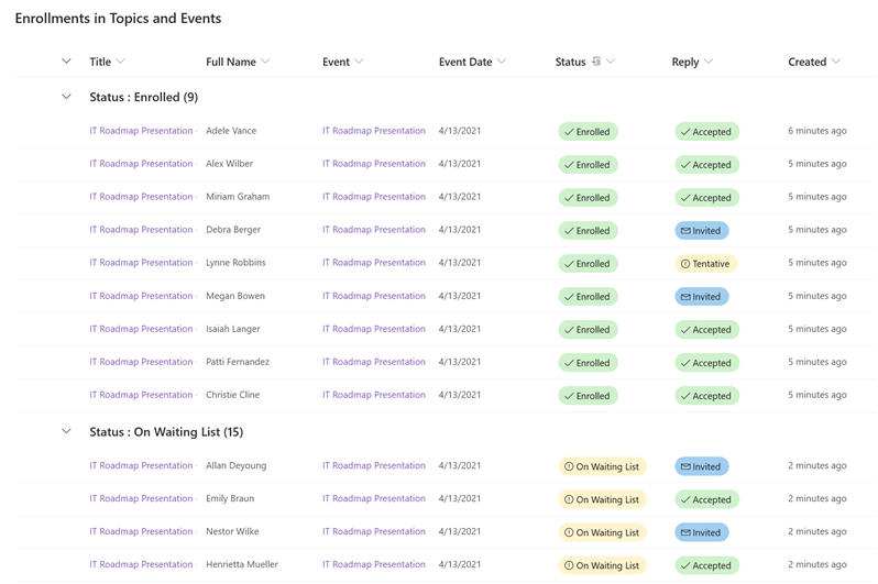 Manage Enrollents view grouped by