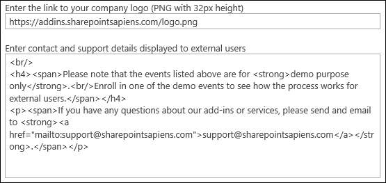 Logo and Support and contact info